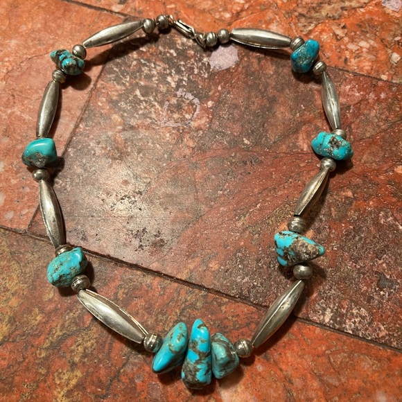 Vintage turquoise and silver melon bead nugget choker necklace - Picture 2 of 7
